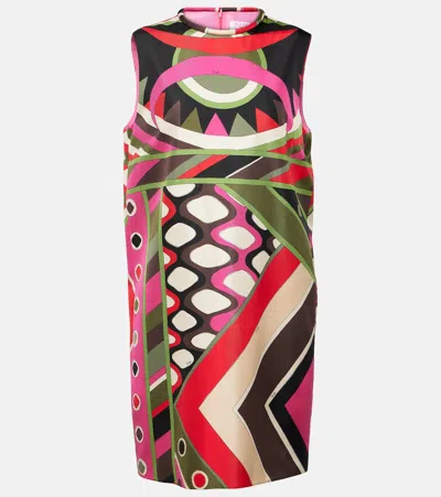 Pucci Vivara-print Silk Minidress In Kahki,fuchsia