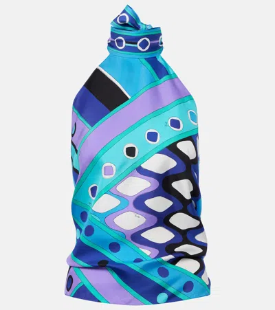 Pucci Vivara Silk Twill Halterneck Top In Blue