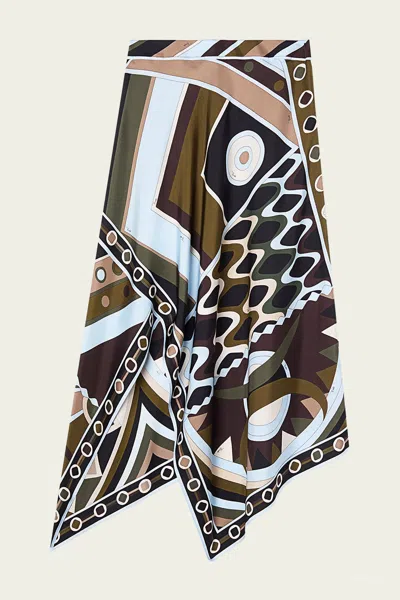 Pucci Vivara-print Long Silk Skirt In Khaki Blue In Brown