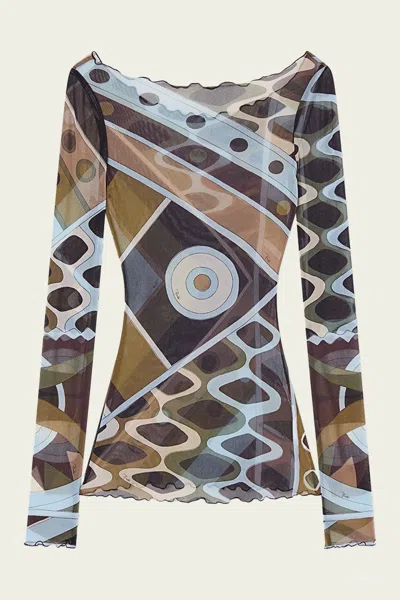 Pucci Vivara-print Long-sleeve Tulle Top In Khaki Blue In Brown