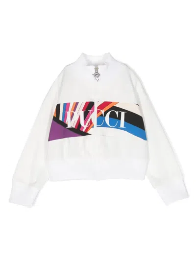 Pucci Kids' White Zip-up Sweatshirt With Iride Print Logo Band