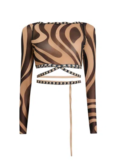 Pucci Women's L'alba Printed Tie-waist Tulle Top In Brown