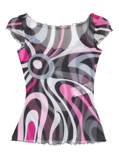 Pucci Tulle Top With Flared Hem And Abstract Pattern In Black