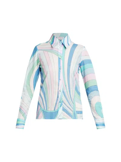 Pucci Printed Cotton Muslin Shirt In Celeste Bianco