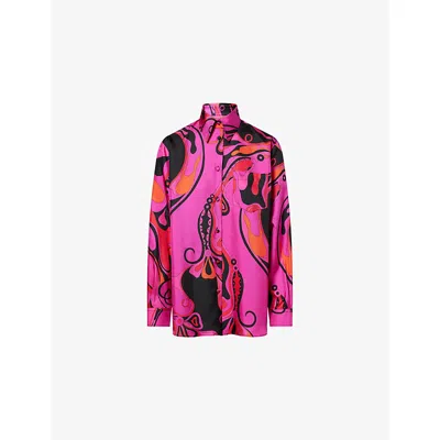 Pucci Womens Fuchsia Black Long-sleeve Printed Satin Shirt In Blue