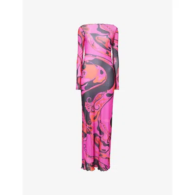 Pucci Womens Fuchsia Black Long-sleeve Printed Tulle Maxi Dress In Purple