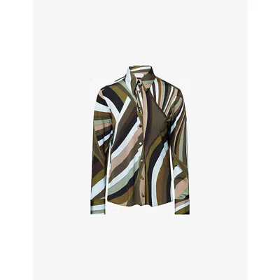 Pucci Womens Khaki Blue Iride Printed Satin Shirt In Brown