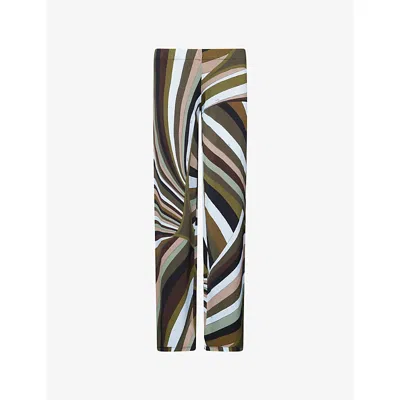 Pucci Womens Khaki Blue Printed Wide-leg Satin-jersey Trousers In Multi