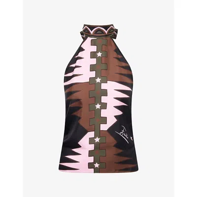 Pucci Womens Khaki Pink Halter-neck Printed Silk Twill Top In Multi