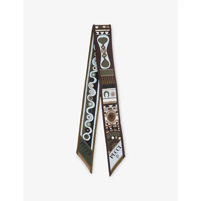 Pucci Womens Khaki/blue Branded Abstract-print Silk Scarf 120cm In Gray