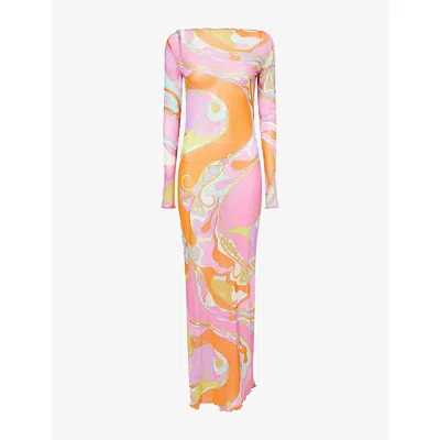 Pucci Womens Multicolor Long-sleeve Printed Tulle Maxi Dress
