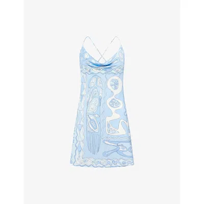 Pucci Womens Pale Blue Backless Graphic-print Satin-jersey Mini Dress In Multi