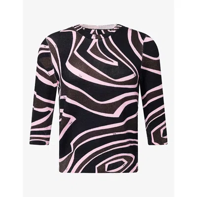 Pucci Womens Swirl-print Low Scoop-back Wool Jumper Khaki Pink Xs In Multi
