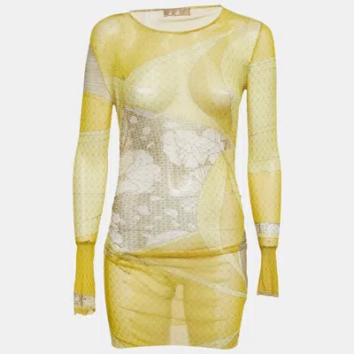 Pre-owned Pucci Yellow Printed Mesh Knit Long Sleeve Top S
