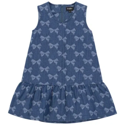 Puddles Kids'  Bow Denim Ruffle Hem Invisible Zipper Jumper In Blue