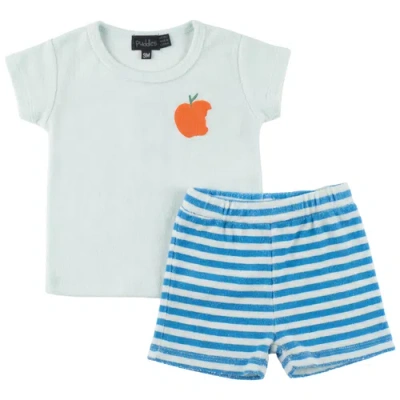Puddles Babies'  Boy Terry Peach Chest Artwork T-shirt & Striped Shorts Two Piece Set In Blue