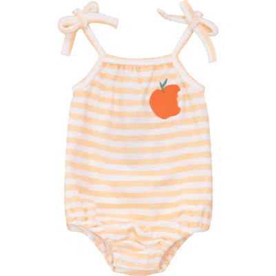 Puddles Babies'  Girl Terry Peach Striped Chest Artwork Shoulder Bow Romper In Multi