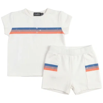 Puddles Babies'  Multi Color Stripe Short Sleeve Top & Elastic Waist Shorts 2 Piece Set In White