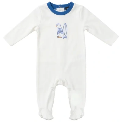 Puddles Babies'  Surfing Sunday Penguin Cotton Spandex Covered Foot Romper In White