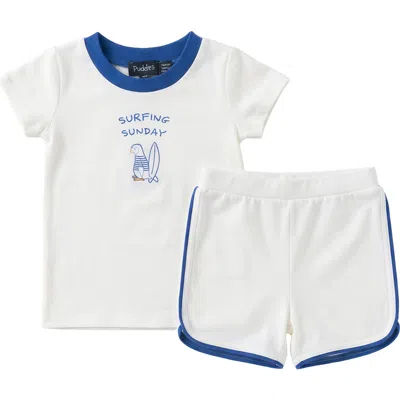 Puddles Babies'  Surfing Sunday Penguin Cotton Spandex Top & Piped Shorts 2 Piece Set In White