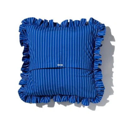 Puebco Shirt Fabric Ruffle Cushion Cover In Blue Pencil Stripe