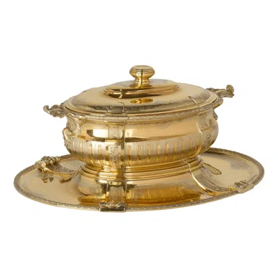 Pre-owned Puiforcat Antique French Silver Gilt Engraved Soup Tureen Cover Stand  In Brown