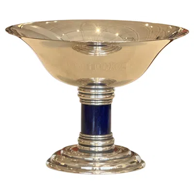 Pre-owned Puiforcat Art Deco Silver Tazza With Cobalt Blue Enamel Column, France, C. 1930s