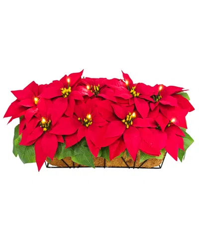 Puleo 24" Pre-lit Artificial Red Poinsettia Window Box Decor In Multi