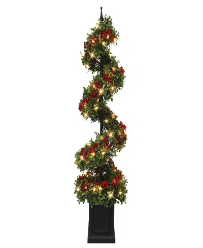 Puleo 4' Pre-lit Artificial Potted Swirl Tree Adorned With Red Berries In Multi