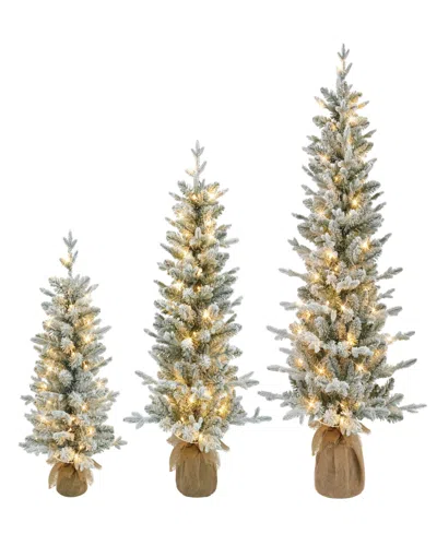 Puleo Artificial Flocked Spruce Trees With Burlap Base, Set Of 3 In Brown