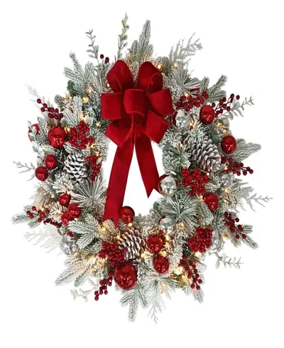 Puleo International 26" Pre-lit Decorated Flocked Wreath In Red