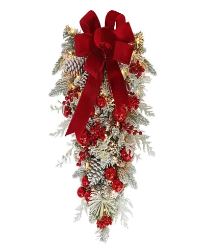 Puleo International 28" Pre-lit Flocked Decorated Swag In Red