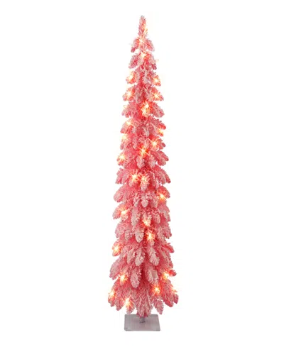 Puleo International 4' Pre-lit Flocked Alpine Pencil Christmas Tree In Red