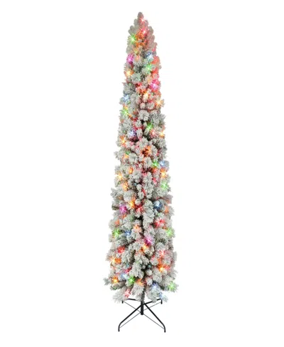Puleo International 6.5' Pre-lit Flocked Portland Pine Pencil Christmas Tree In Green