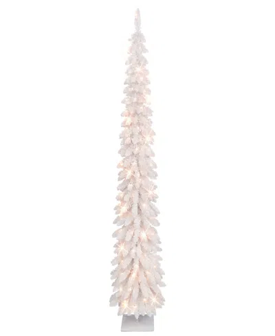 Puleo International 7' Pre-lit Flocked White Alpine Pencil Christmas Tree In Pink