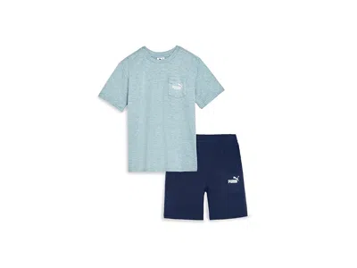 Puma Air Mesh T-shirt Fleece Short Set (little Kid/big Kid) Boy's Sets Sea Foam : 4 Little Kids, Cotton/p In Blue
