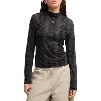 Puma Aop Snake Print Long Sleeve Mesh T-shirt In Black