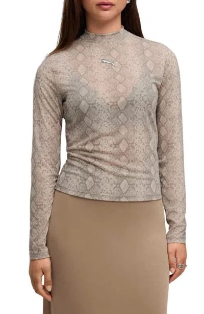 Puma Aop Snake Print Mesh Long Sleeve T-shirt In Neutral