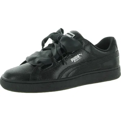 Puma Basket Heart Womens Leather Shiny Sneakers In Black