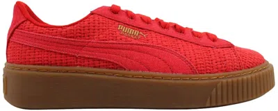 Pre-owned Puma Basket Platform Woven(women's) Sneakers In High Risk Red/gold