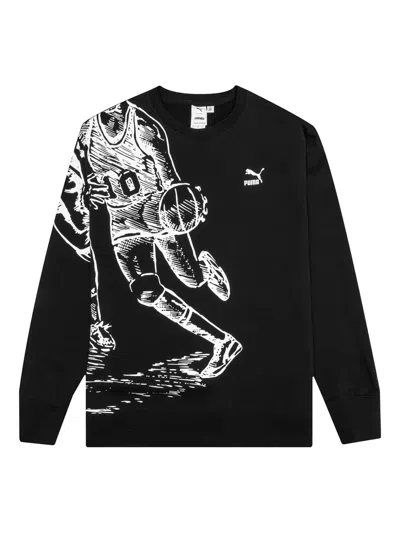 Puma Basketball-print Crew-neck Sweater In Black