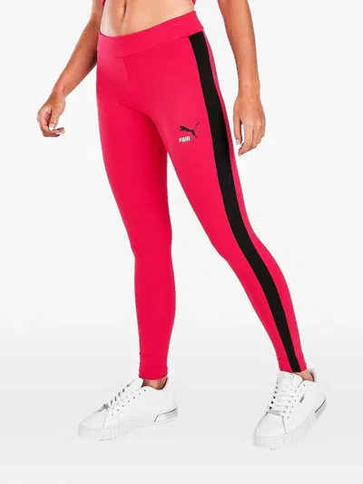 Puma Berry Glitz T7 L Striped Leggings In Pink