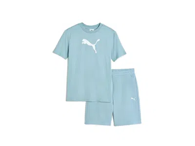 Puma Big Cat T-shirt Fleece Short Set (little Kid/big Kid) Boy's Sets Sea Foam: Md (10-12 Big Kids) In Blue