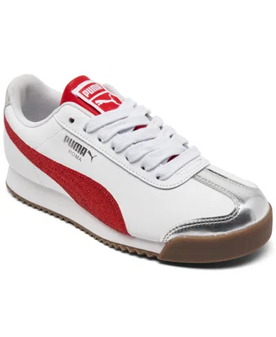 Puma Kids' Big Girls Roma 24 Holiday Glitz Casual Sneakers From Finish Line In White,red