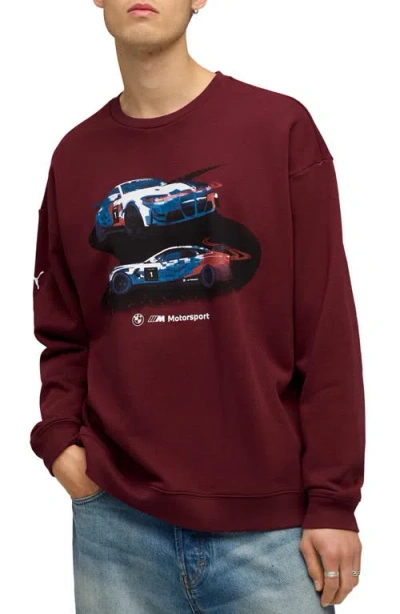 Puma Bmw Cotton Graphic Crewneck Sweatshirt In Burgundy