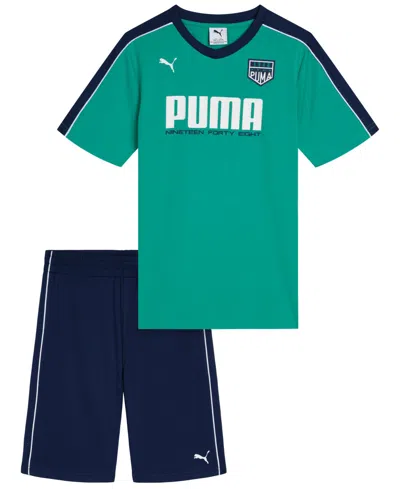 Puma Kids' Boys' 8-16 V-neck  Logo Short-sleeve T-shirt & Shorts, 2-piece Set In Green