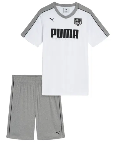 Puma Kids' Boys' 8-16 V-neck  Logo Short-sleeve T-shirt & Shorts, 2-piece Set In White