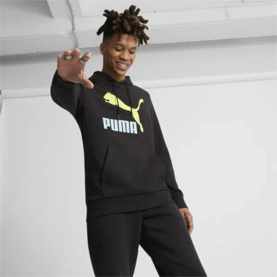 Puma Classics Logo Hoodie Men In Black-lime Sheen