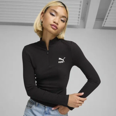 Puma Classics Ribbed Half-zip T-shirt Women In Black