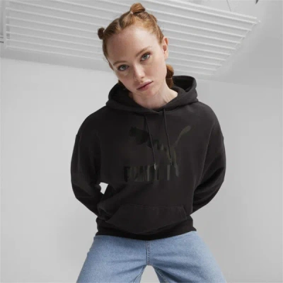 Puma Classics Shiny Logo Women's Hoodie In Black